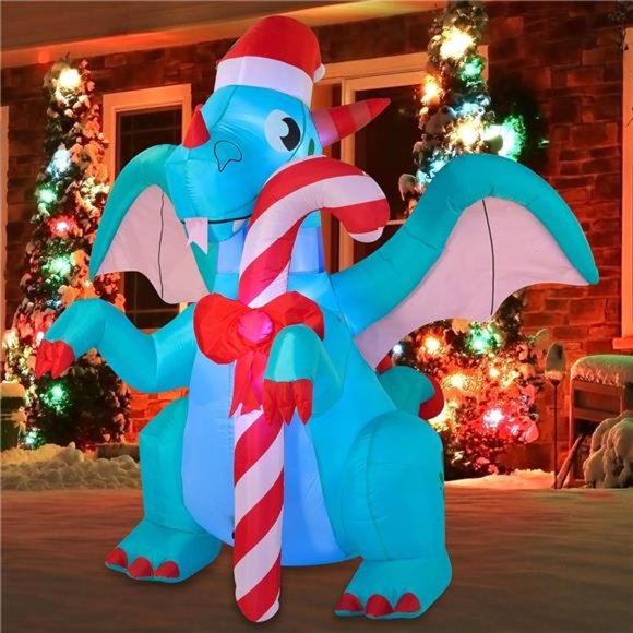 6 FT Christmas Blow Up Dragon Inflatable with Candy Cane with Build-in LEDs - Picture 4 of 7